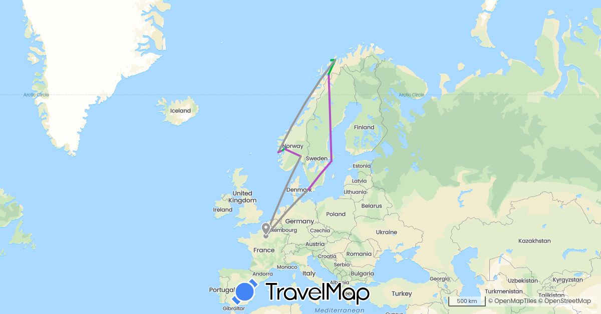 TravelMap itinerary: bus, plane, train, boat in Denmark, France, Norway, Sweden (Europe)
