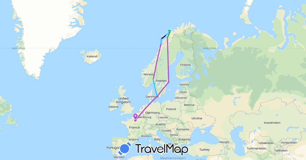 TravelMap itinerary: driving, bus, plane, train, boat in Denmark, France, Norway, Sweden (Europe)