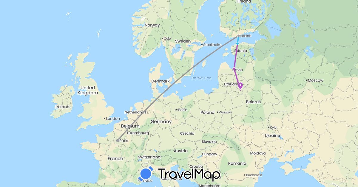 TravelMap itinerary: driving, plane, train, boat in Estonia, Finland, France, Lithuania, Latvia (Europe)