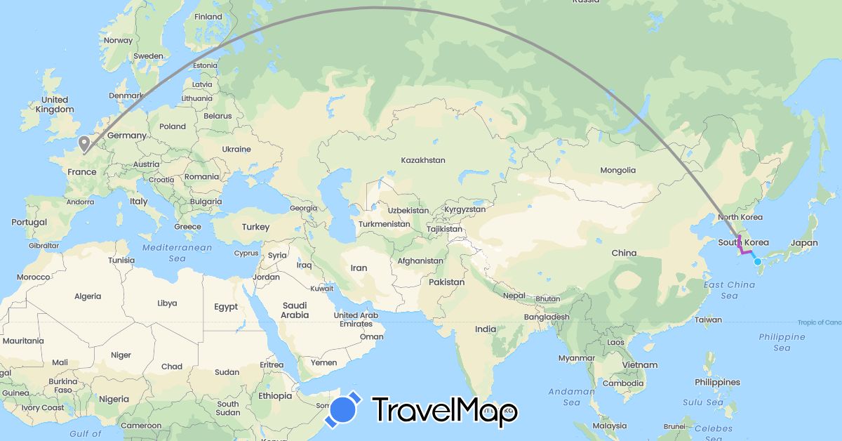 TravelMap itinerary: driving, plane, train, boat in France, Japan, South Korea (Asia, Europe)